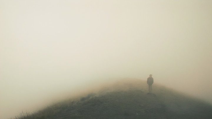 a person in a foggy landscape