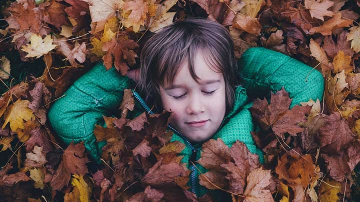 child lolling in dry leaves